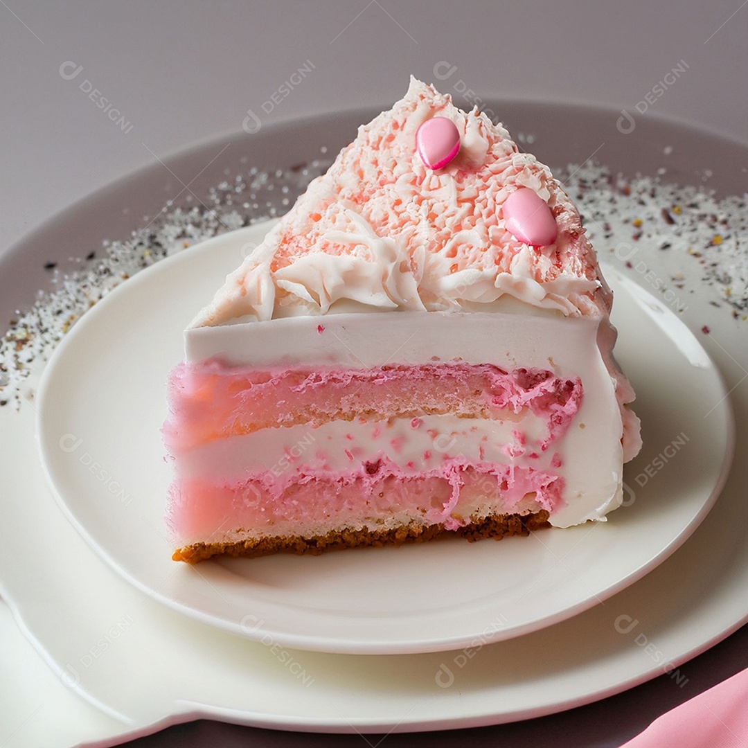 Fatia de bolo de creme rosa fresco decorada com granulado em prato branco