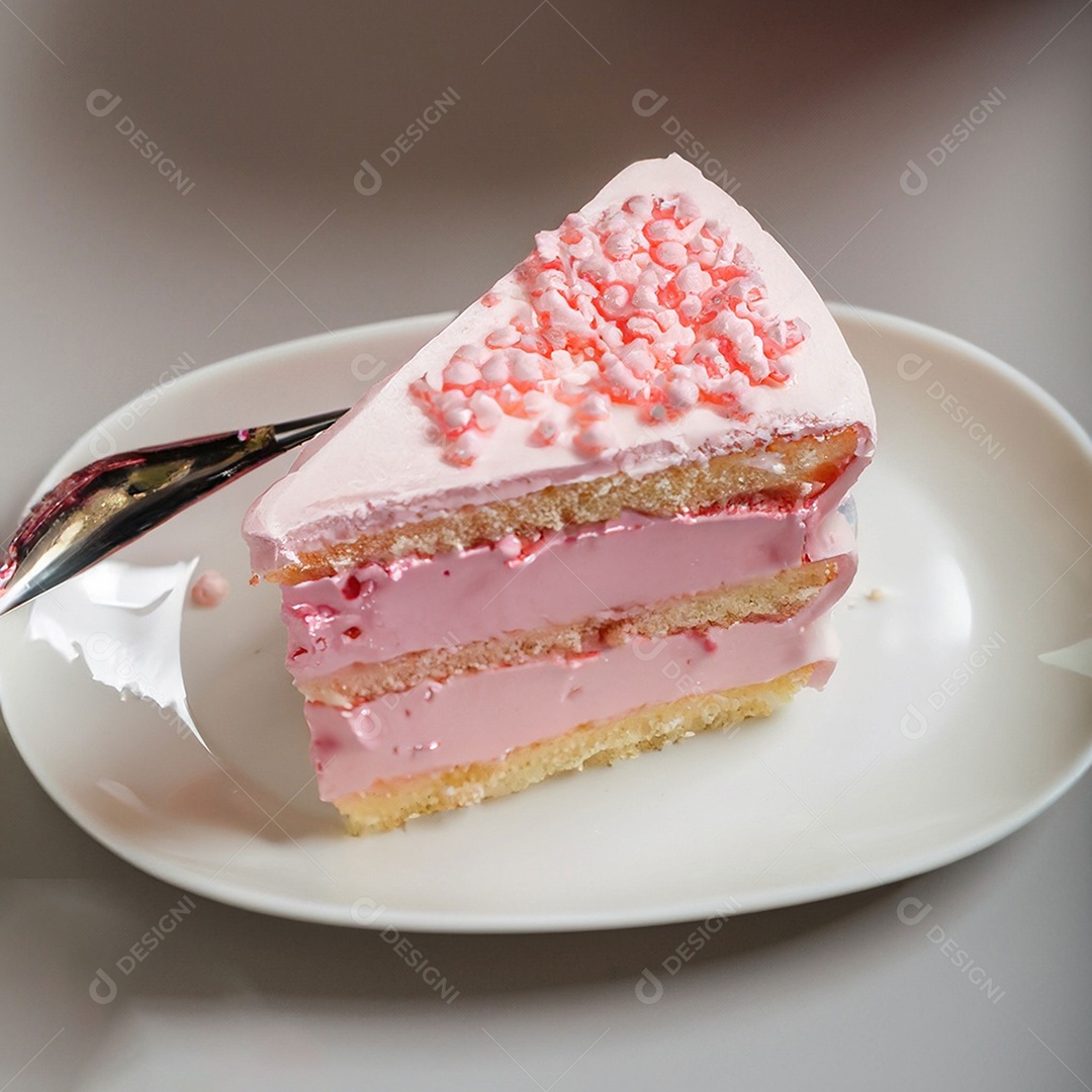 Fatia de bolo de creme rosa fresco decorada com granulado em prato branco