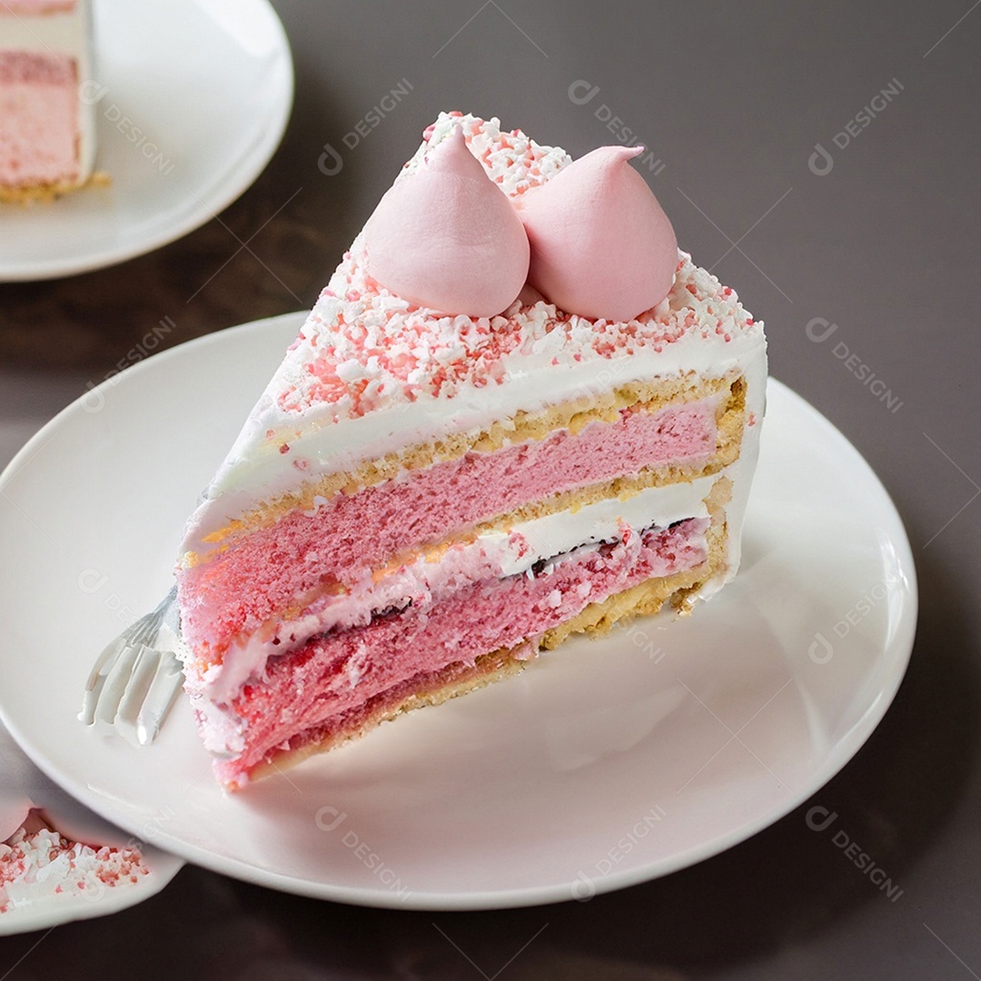 Fatia de bolo de creme rosa fresco decorada com granulado em prato branco