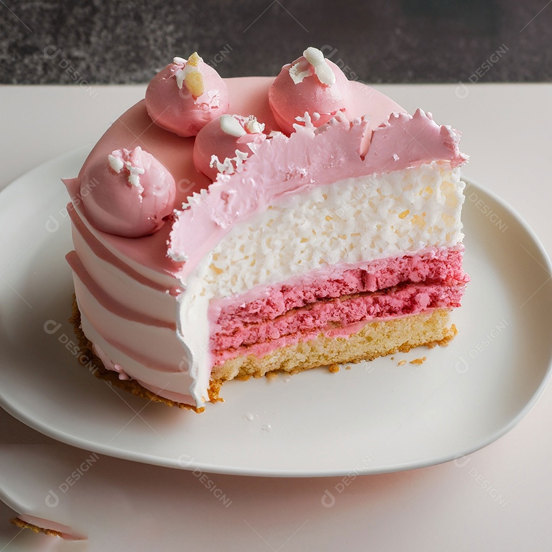 Fatia de bolo de creme rosa fresco decorada com granulado em prato branco