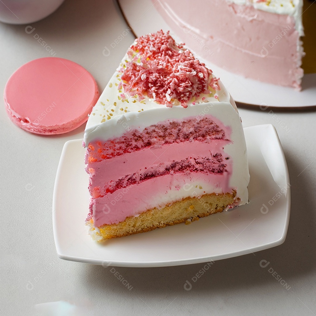 Fatia de bolo de creme rosa fresco decorada com granulado em prato branco