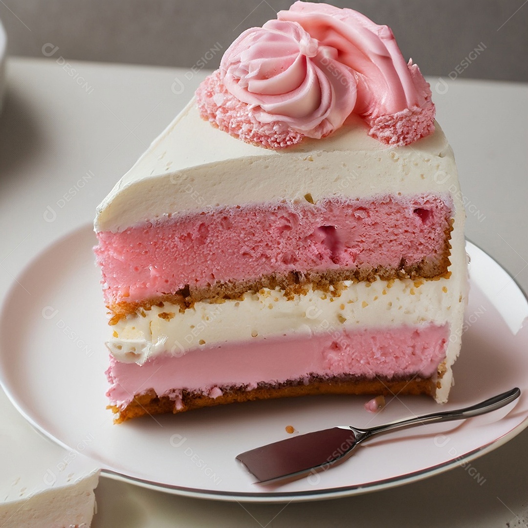 Fatia de bolo de creme rosa fresco decorada com granulado em prato branco
