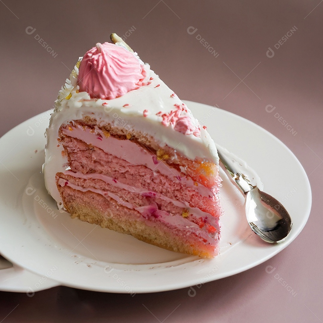 Fatia de bolo de creme rosa fresco decorada com granulado em prato branco