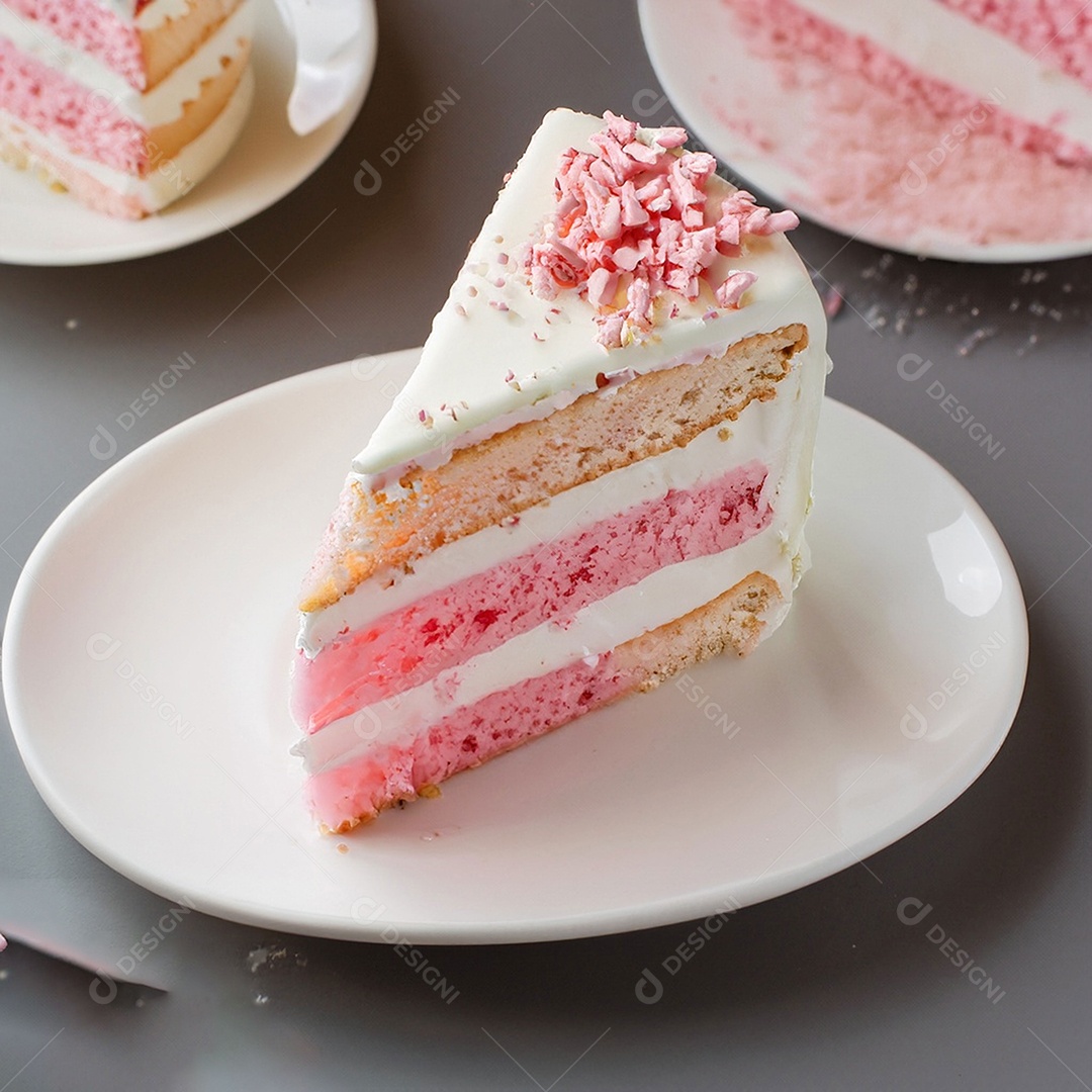 Fatia de bolo de creme rosa fresco decorada com granulado em prato branco
