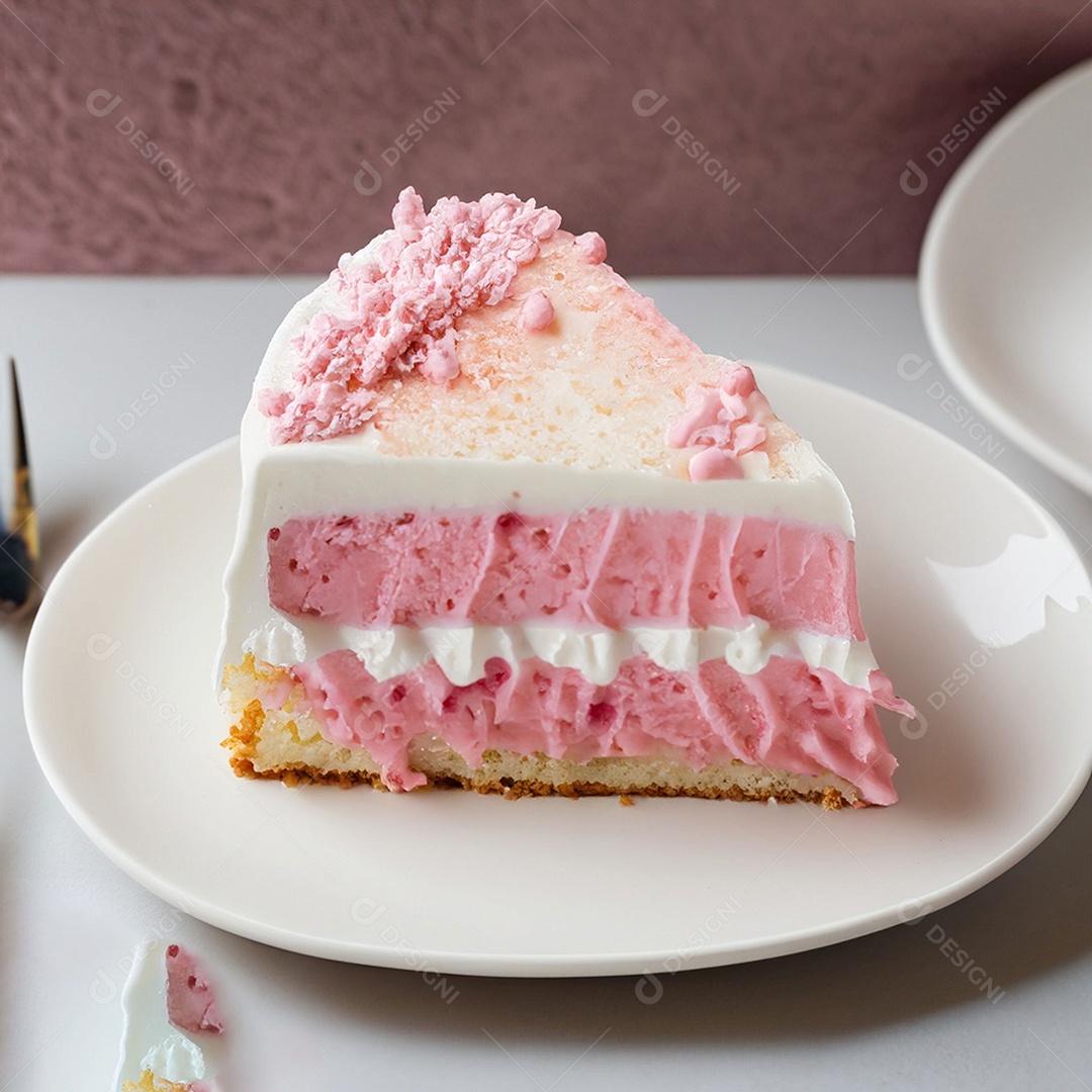 Fatia de bolo de creme rosa fresco decorada com granulado em prato branco