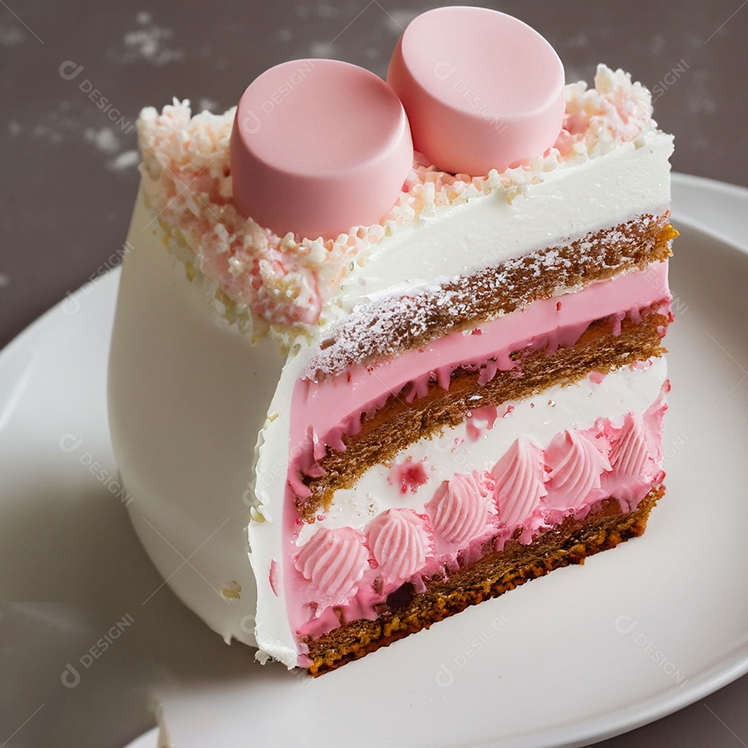 Fatia de bolo de creme rosa fresco decorada com granulado em prato branco