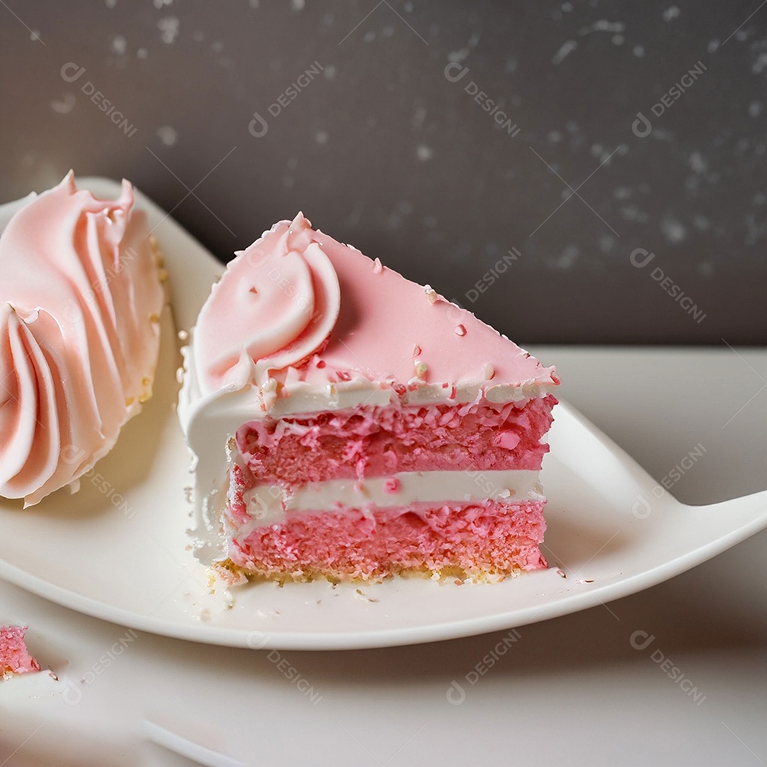 Fatia de bolo de creme rosa fresco decorada com granulado em prato branco