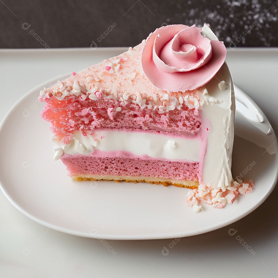 Fatia de bolo de creme rosa fresco decorada com granulado em prato branco