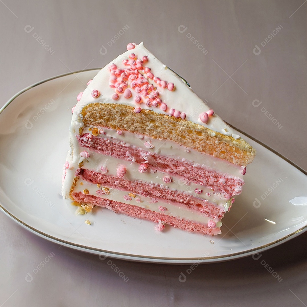 Fatia de bolo de creme rosa fresco decorada com granulado em prato branco