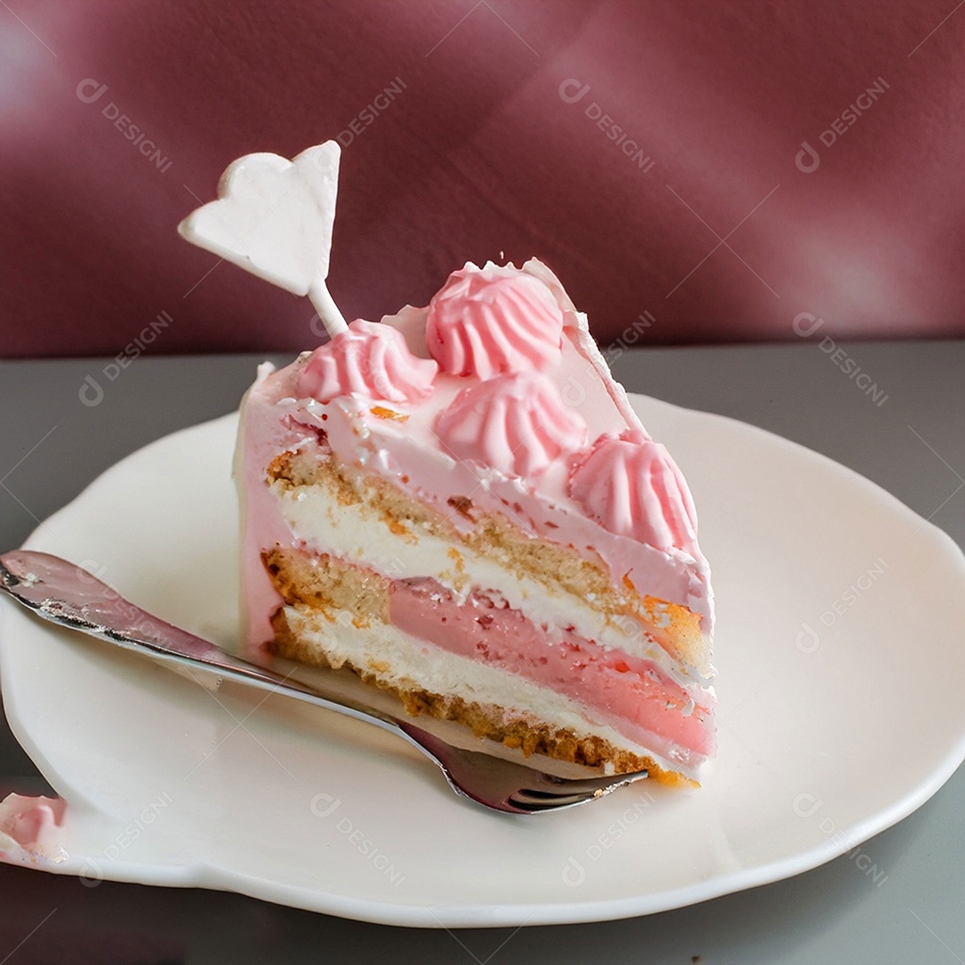 Fatia de bolo de creme rosa fresco decorada com granulado em prato branco