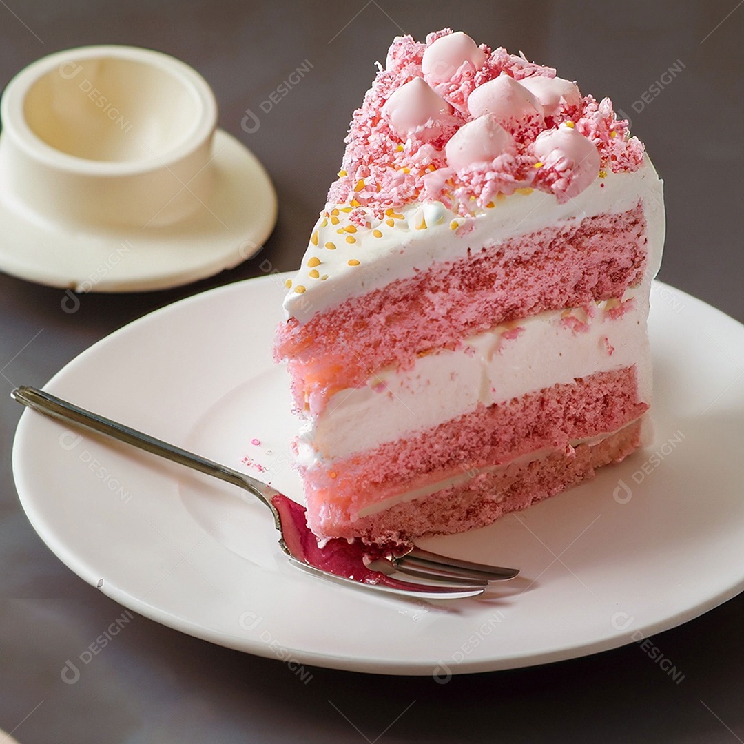 Fatia de bolo de creme rosa fresco decorada com granulado em prato branco