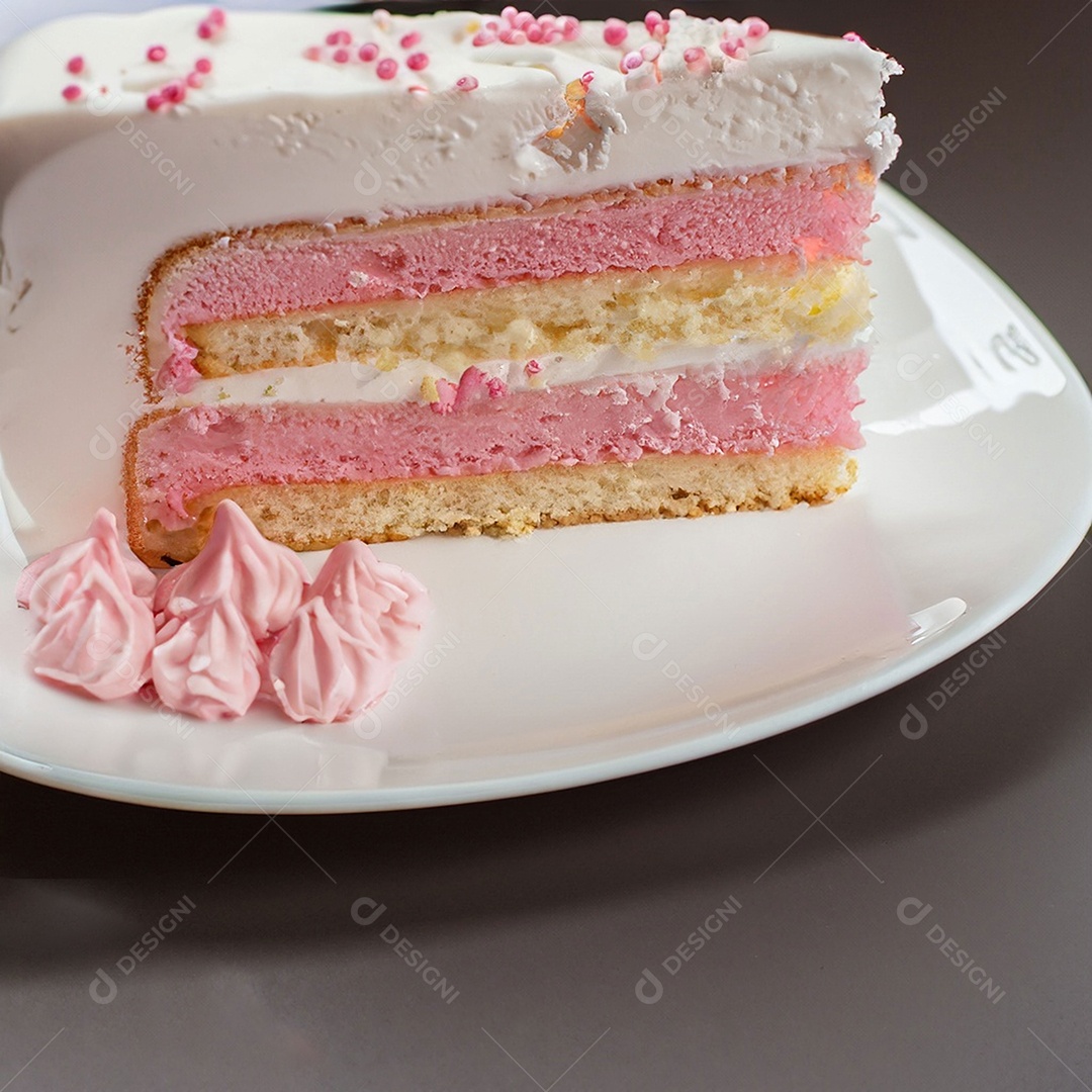 Fatia de bolo de creme rosa fresco decorada com granulado em prato branco