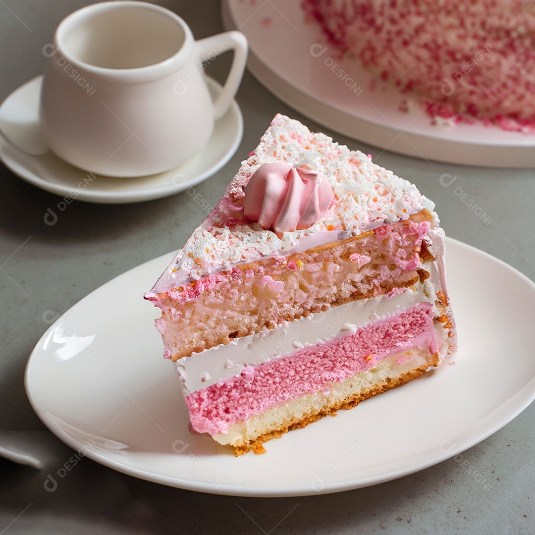 Fatia de bolo de creme rosa fresco decorada com granulado em prato branco