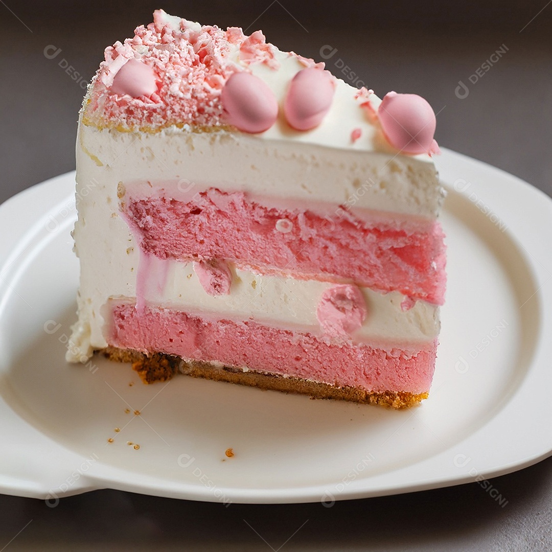 Fatia de bolo de creme rosa fresco decorada com granulado em prato branco