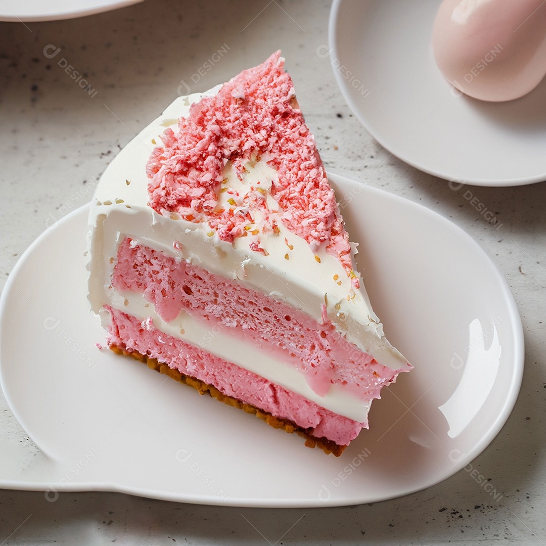 Fatia de bolo de creme rosa fresco decorada com granulado em prato branco