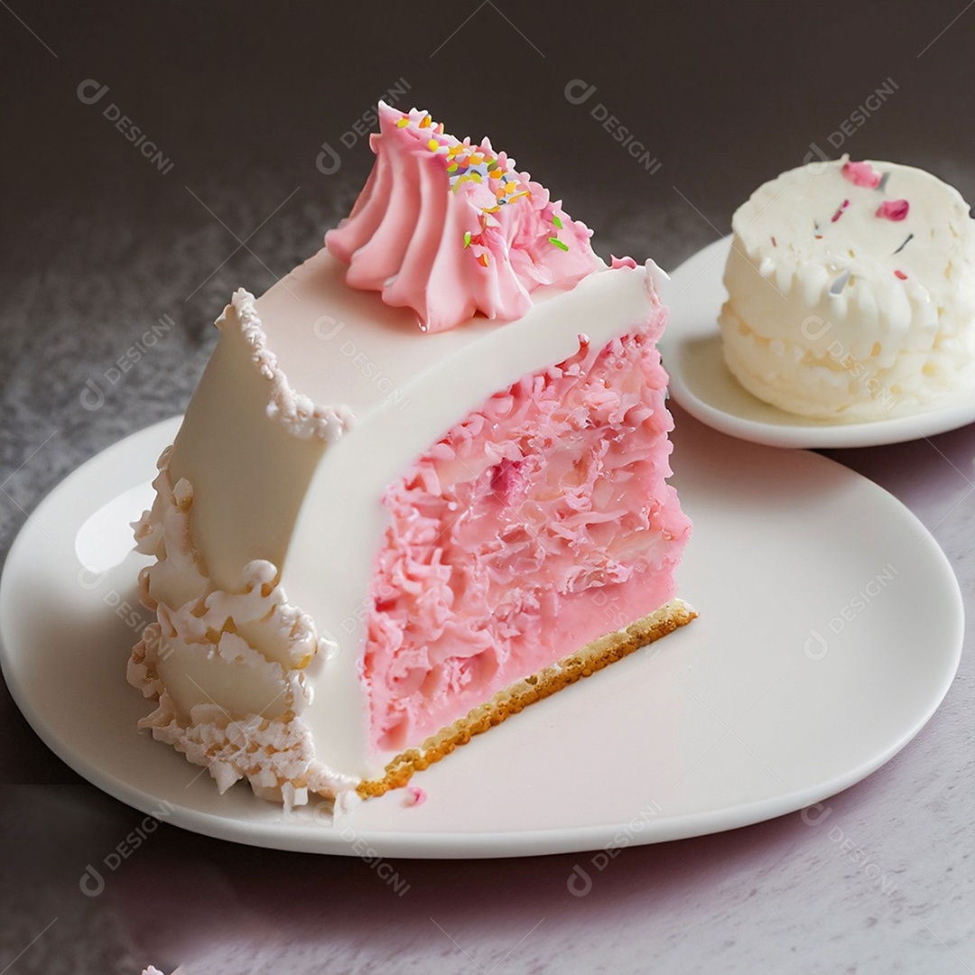 Fatia de bolo de creme rosa fresco decorada com granulado em prato branco