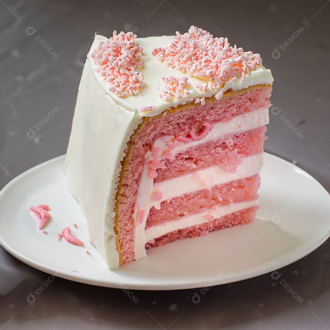 Fatia de bolo de creme rosa fresco decorada com granulado em prato branco