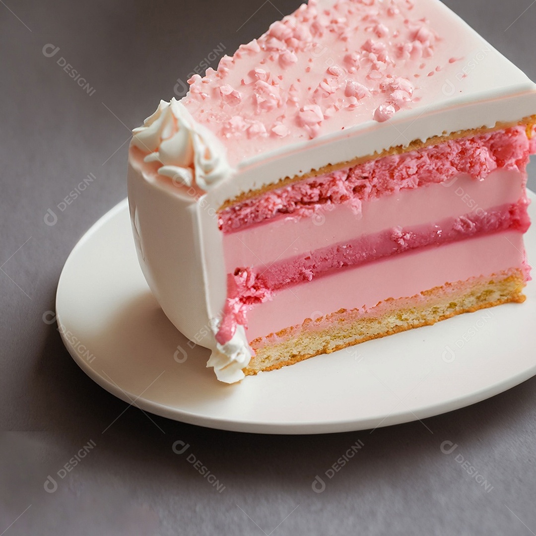 Fatia de bolo de creme rosa fresco decorada com granulado em prato branco