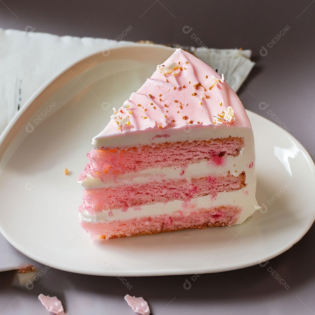 Fatia de bolo de creme rosa fresco decorada com granulado em prato branco