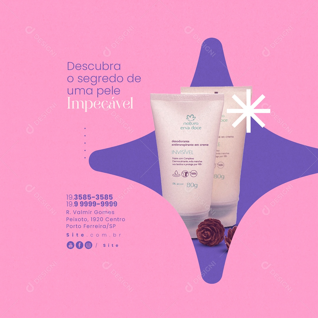 Cosméticos Descubra o Segredo de Uma Pele Impecável Social Media PSD Editável