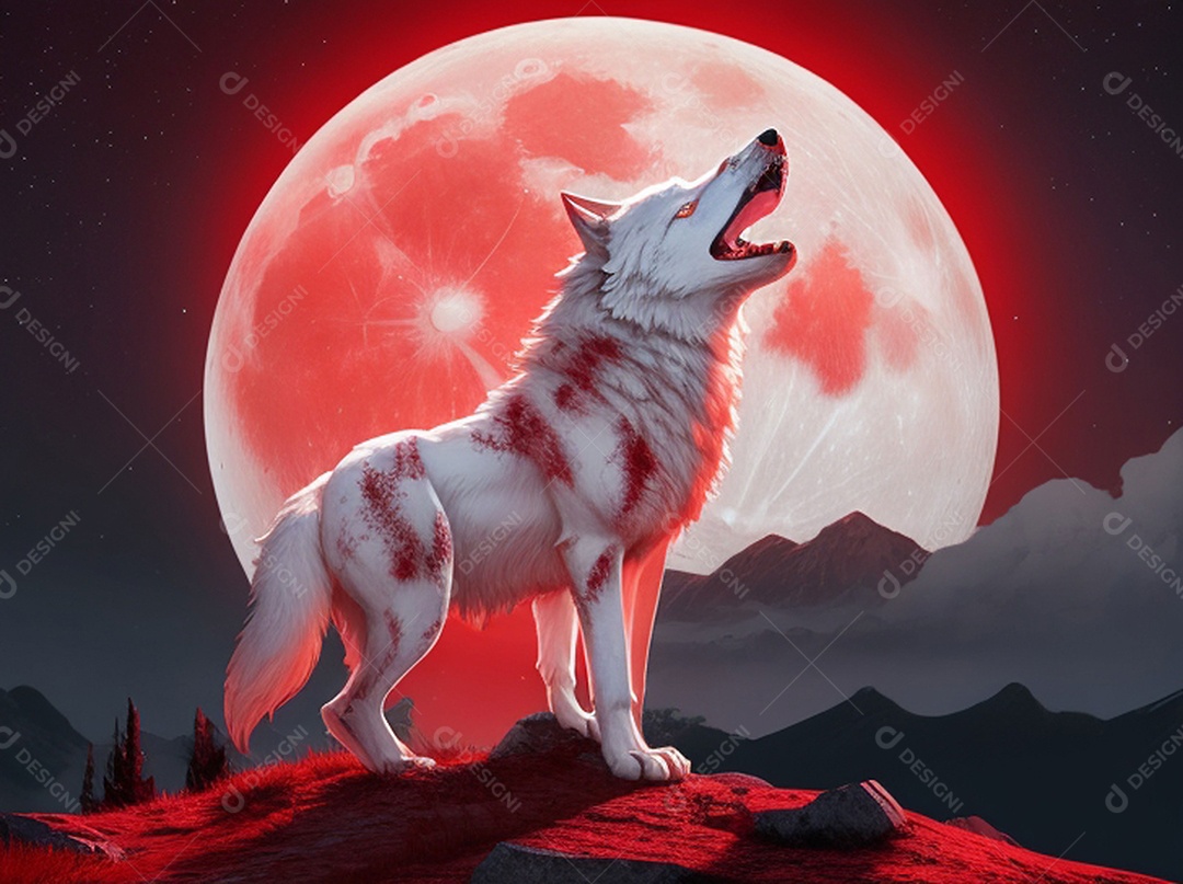 Lobo branco sobre lua cheia vermelha