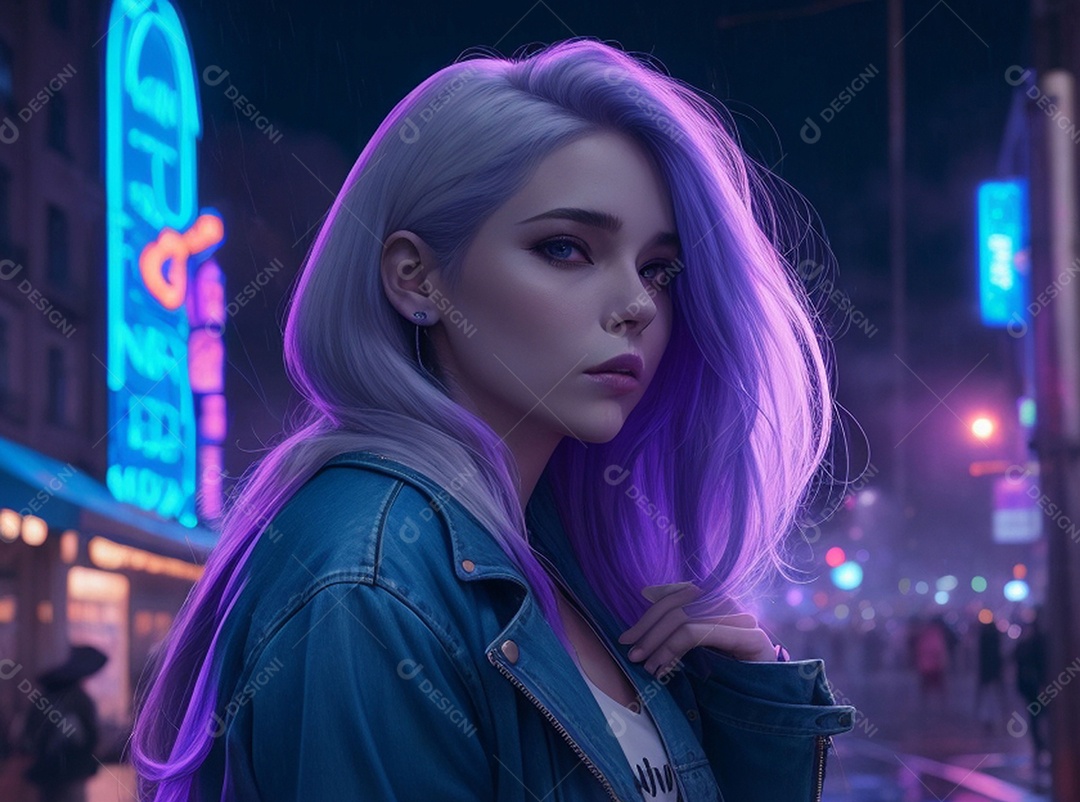 Ilustração garota jovem em luzes neon
