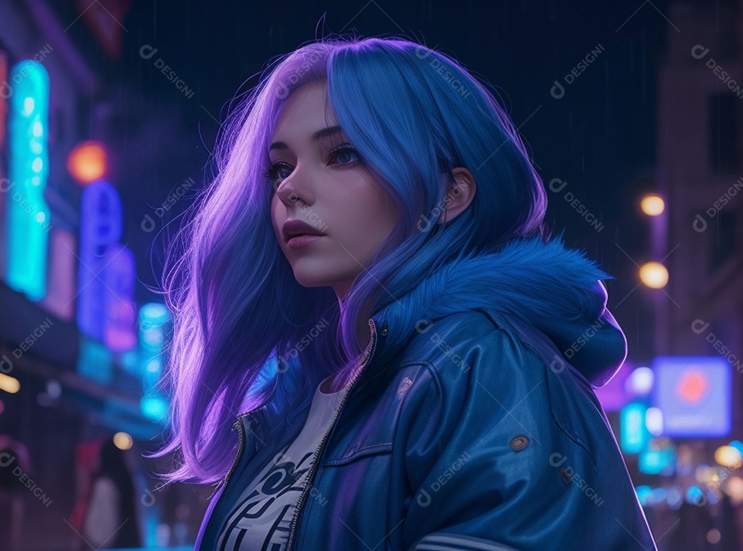 Ilustração garota jovem em luzes neon