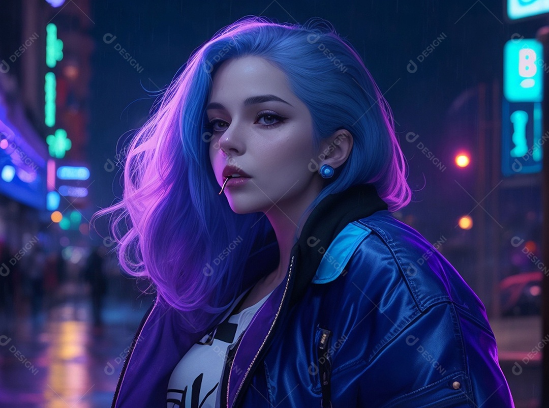 Ilustração garota jovem em luzes neon