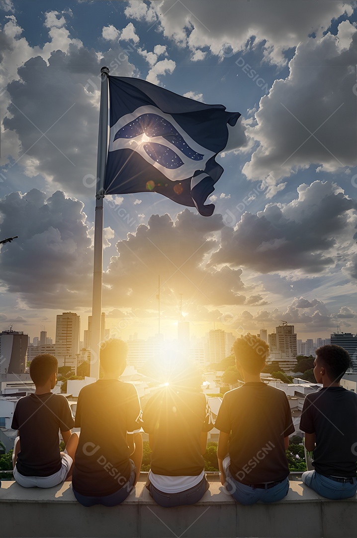 Crianças comemorando o Dia da Independência do Brasil na praia, fundo do pôr do sol.