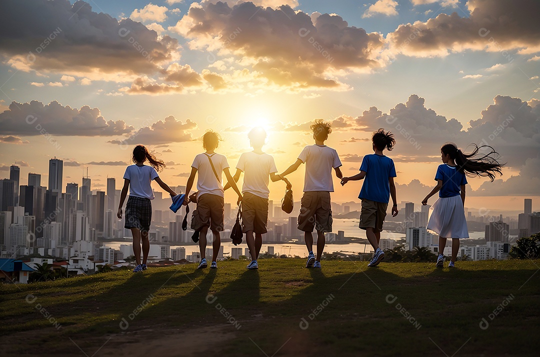 Crianças comemorando o Dia da Independência do Brasil na praia, fundo do pôr do sol.