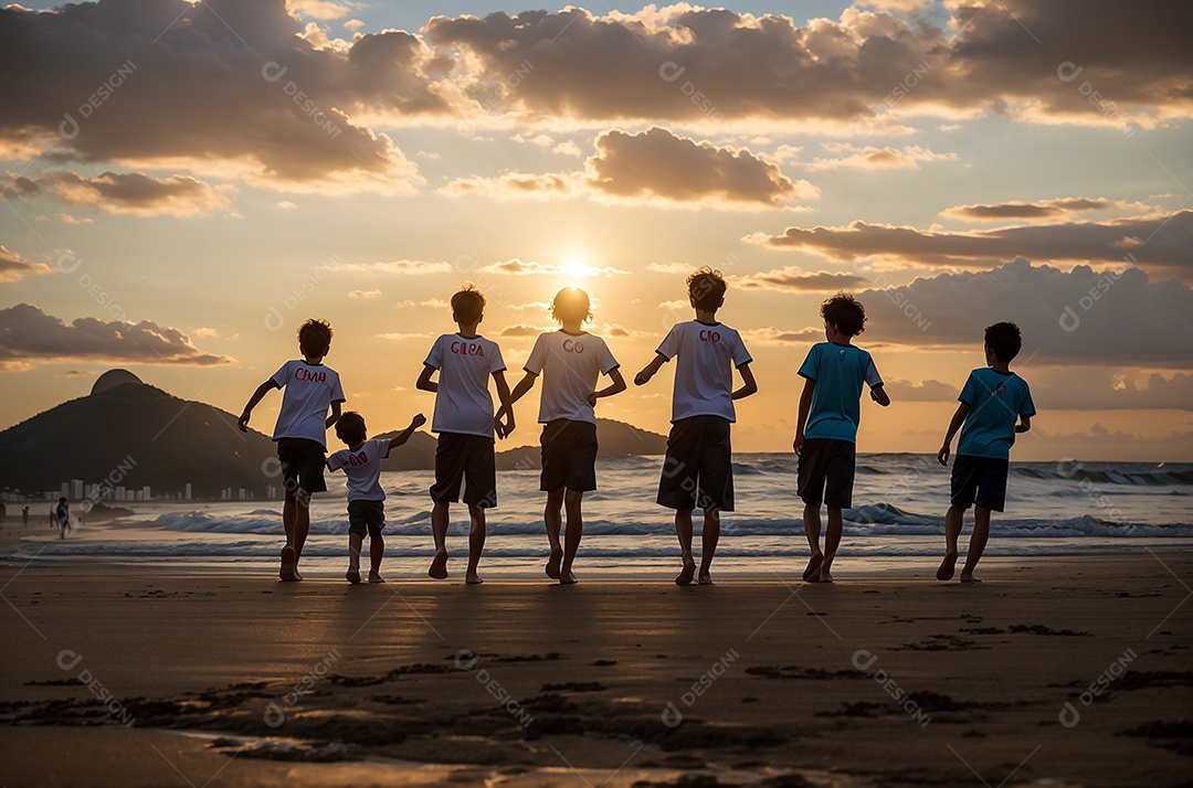 Crianças comemorando o Dia da Independência do Brasil na praia, fundo do pôr do sol.