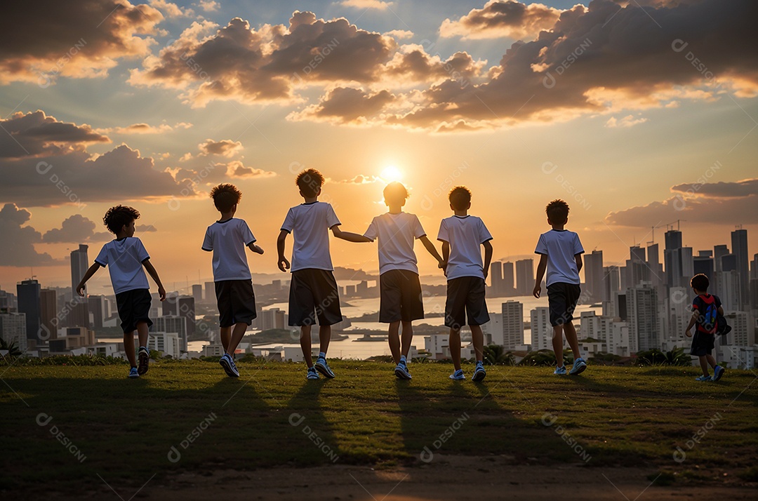 Crianças comemorando o Dia da Independência do Brasil na praia, fundo do pôr do sol.