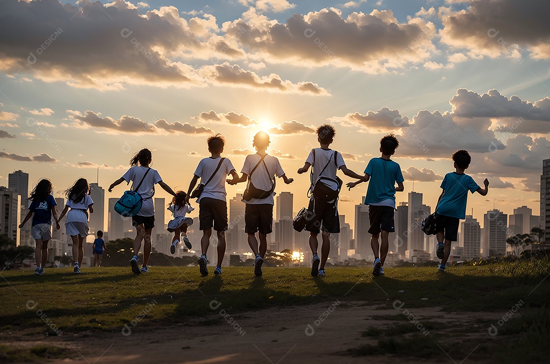 Crianças comemorando o Dia da Independência do Brasil na praia, fundo do pôr do sol.