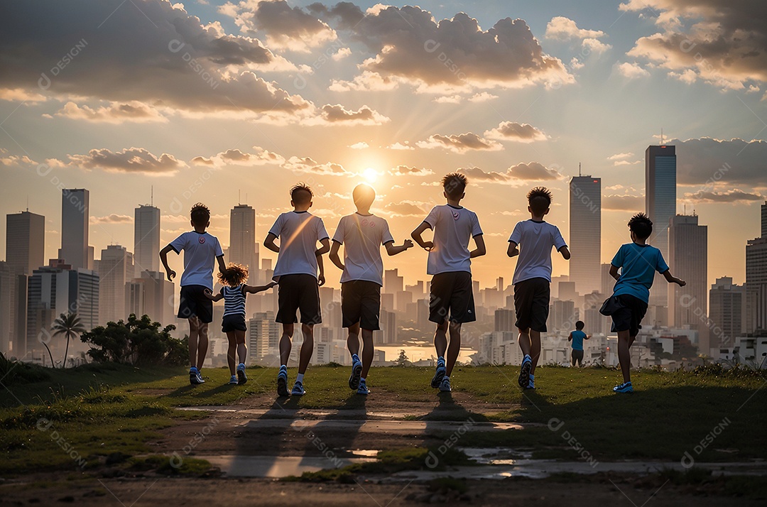 Crianças comemorando o Dia da Independência do Brasil na praia, fundo do pôr do sol.