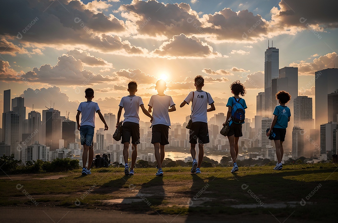 Crianças comemorando o Dia da Independência do Brasil na praia, fundo do pôr do sol.