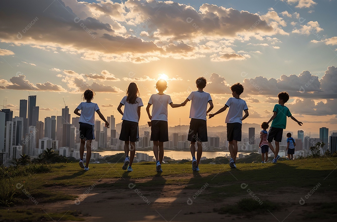 Crianças comemorando o Dia da Independência do Brasil na praia, fundo do pôr do sol.