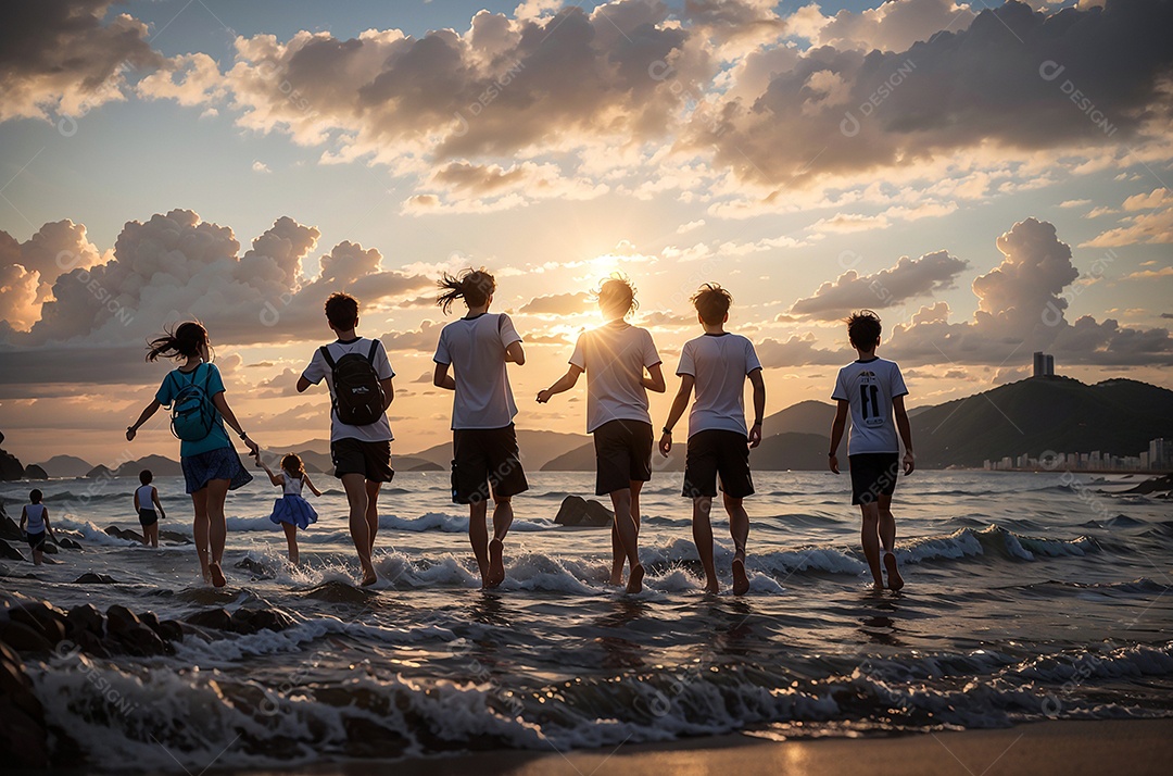 Crianças comemorando o Dia da Independência do Brasil na praia, fundo do pôr do sol.