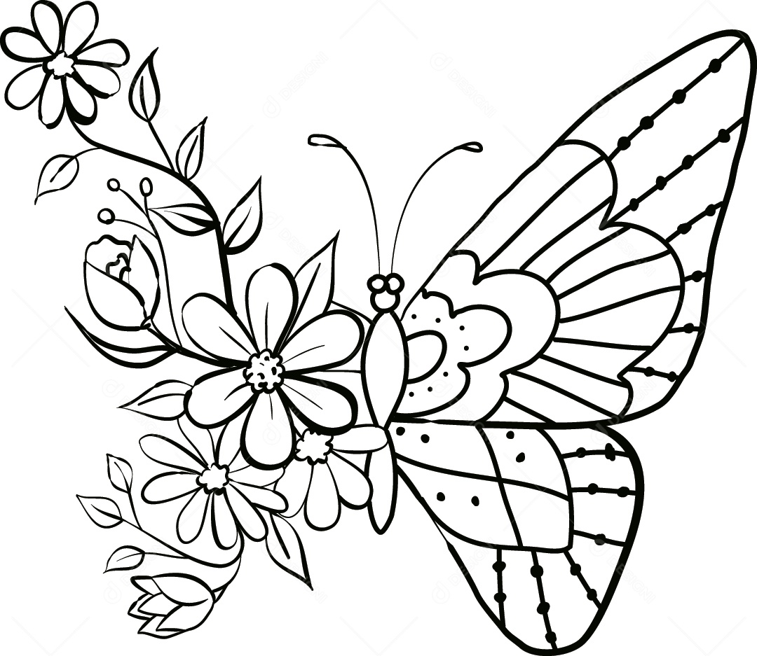 Flores e Borboletas Desenho Vetor EPS