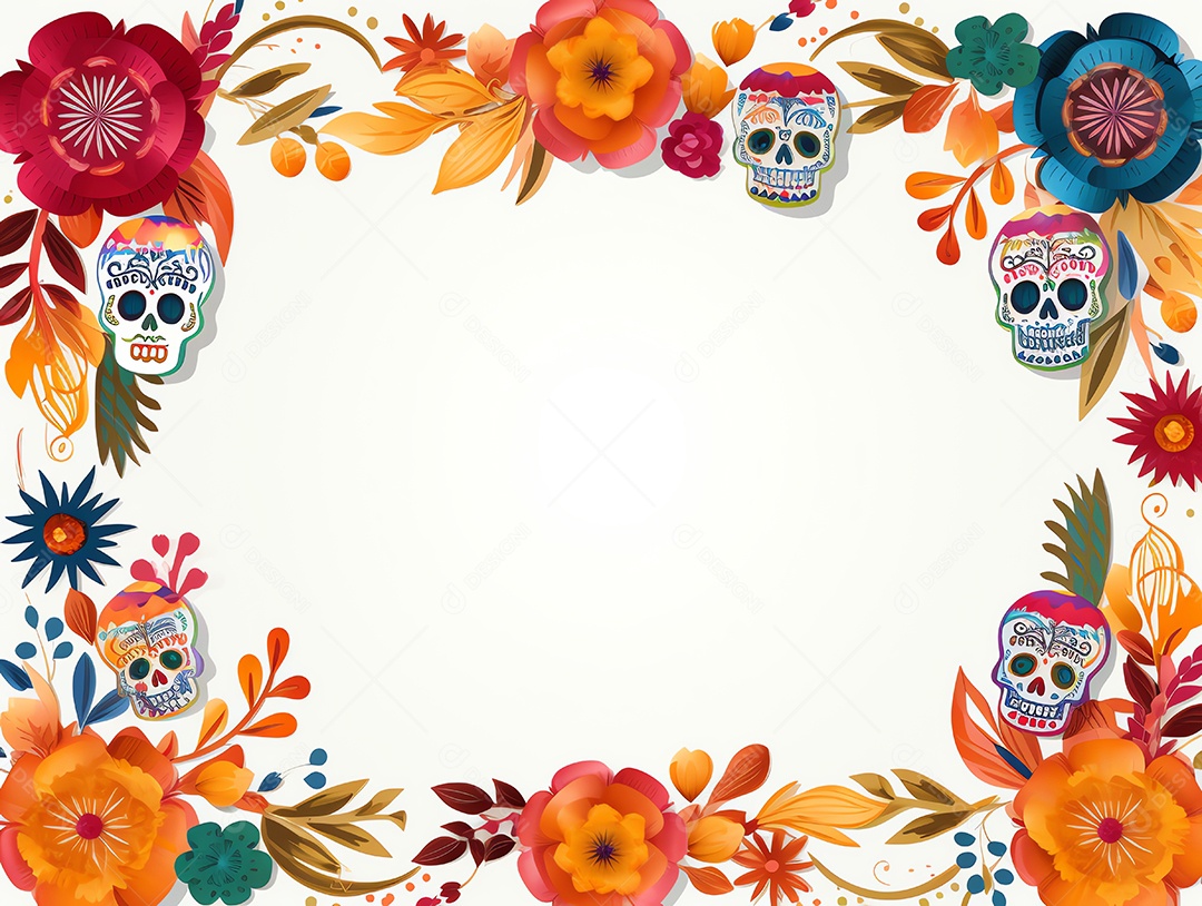 Quadro da celebração colorida do Dia de los muertos, feriado mexicano Dia dos Mortos, ornamentos de caveira