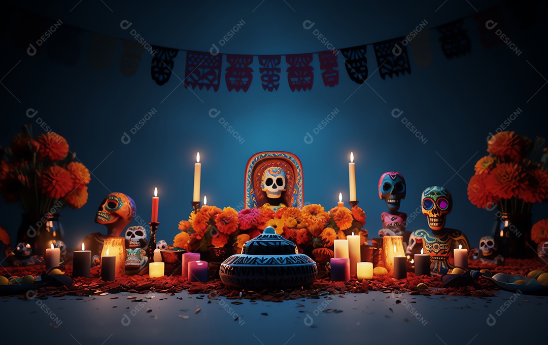 Celebração colorida do Dia de los muertos, feriado mexicano Dia dos Mortos, ornamentos de caveira