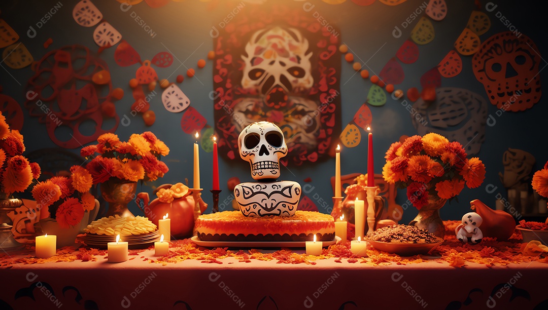 Celebração colorida do Dia de los muertos, feriado mexicano Dia dos Mortos, ornamentos de caveira