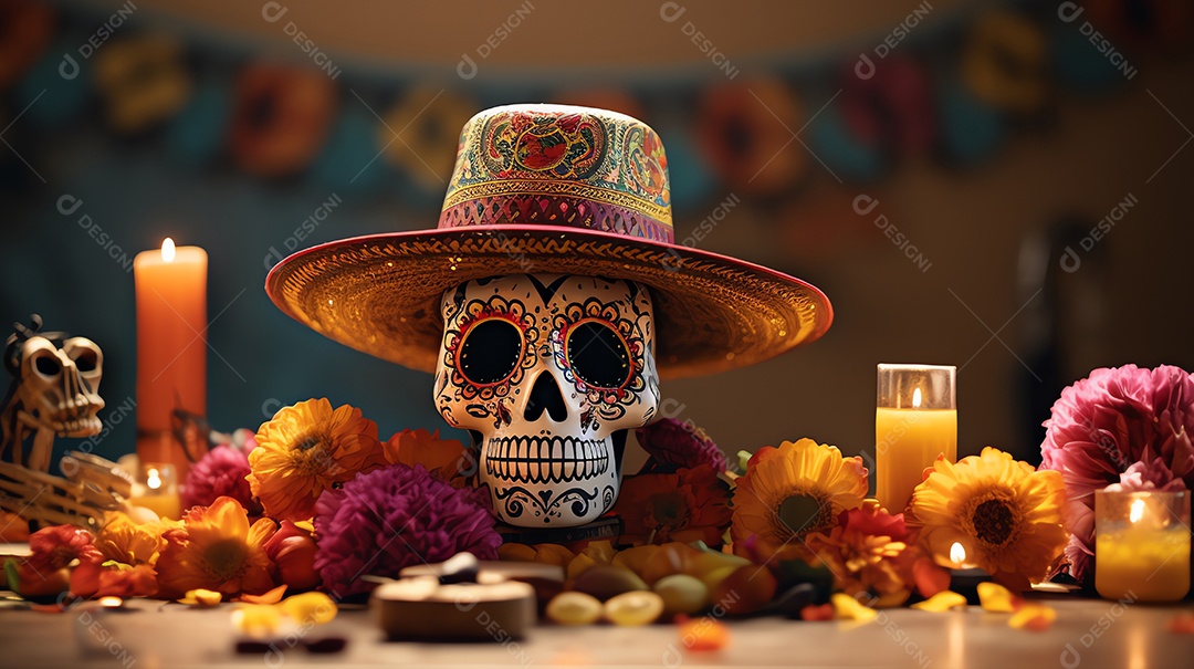 Celebração colorida do Dia de los muertos, feriado mexicano Dia dos Mortos, ornamentos de caveira