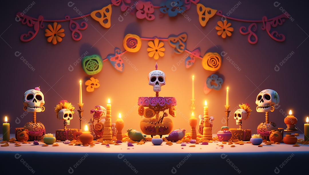 Celebração colorida do Dia de los muertos, feriado mexicano Dia dos Mortos, ornamentos de caveira