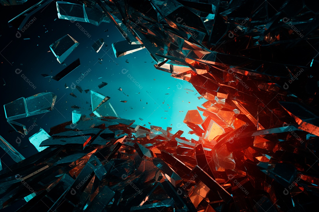 Imagens de vidro quebrado, no estilo da arte de autodestruição, céu azul escuro