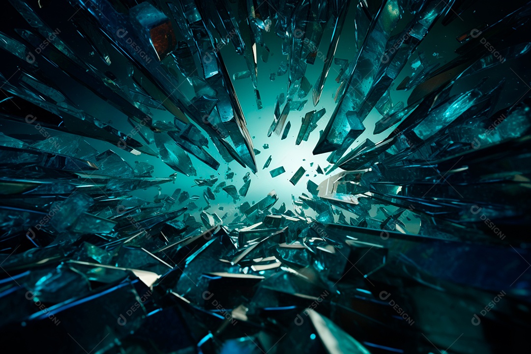 Imagens de vidro quebrado, no estilo da arte de autodestruição, céu azul escuro