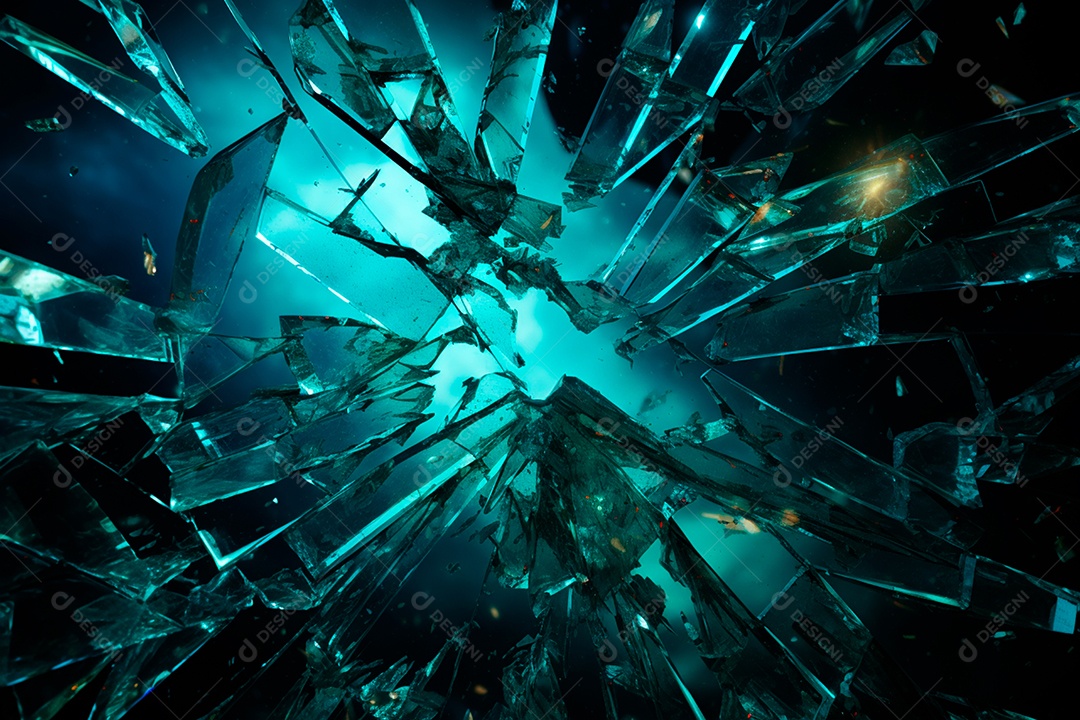 Imagens de vidro quebrado, no estilo da arte de autodestruição, céu azul escuro