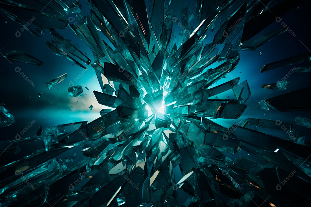 Imagens de vidro quebrado, no estilo da arte de autodestruição, céu azul escuro