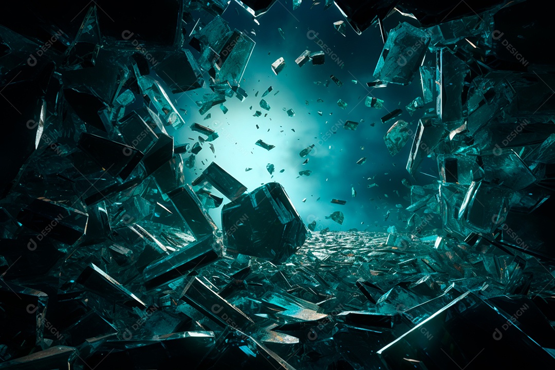 Imagens de vidro quebrado, no estilo da arte de autodestruição, céu azul escuro