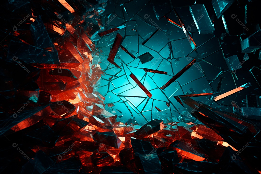 Imagens de vidro quebrado, no estilo da arte de autodestruição, céu azul escuro