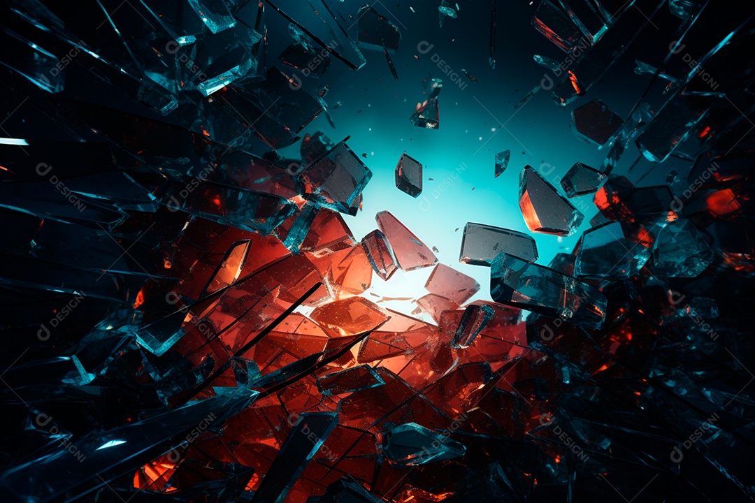 Imagens de vidro quebrado, no estilo da arte de autodestruição, céu azul escuro